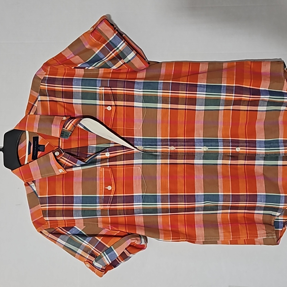 Tommy Hilfiger Orange Plaid Casual Button Down Shirt